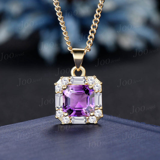 8mm Cushion Cut Natural Amethyst Crystal Pendant Necklace Women Solid 14K/18K Gold Purple Gemstone Pendant February Birthstone Birthday Gift