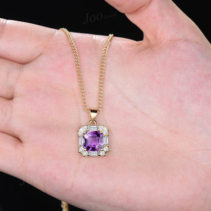 8mm Cushion Cut Natural Amethyst Crystal Pendant Necklace Women Solid 14K/18K Gold Purple Gemstone Pendant February Birthstone Birthday Gift
