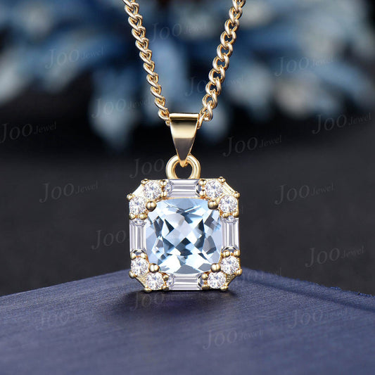 8mm Cushion Cut Natural Aquamarine Moissanite Pendant Necklace Women Solid 14K/18K Gold Blue Gemstone Pendant March Birthstone Birthday Gift