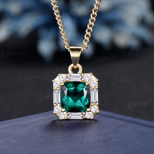 8mm Cushion Cut Green Emerald Moissanite Pendant Necklace Women Solid 14K Yellow Gold Gemstone Pendant May Birthstone Jewelry Wedding Gift