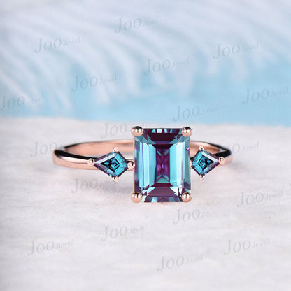 2ct Emerald Cut Color-Change Alexandrite Engagement Ring Three Stone Ring Vintage Cluster Kite Alexandrite Ring June Birthstone Gifts Women
