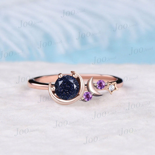 Vintage Blue Sandstone Engagement Ring,Round Gems,Moon Star Design,Art Deco Wedding Band,Unique Women Bridal Promise Ring,Sterling Silver