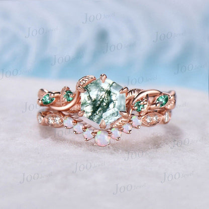 1ct Branch Leaves Moss Agate Ring 14K Rose Gold Nature Inspired Moss Agate Engagement Ring Set Emerald Opal Wedding Ring Unique Propose Gift