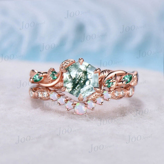 1ct Branch Leaves Moss Agate Ring 14K Rose Gold Nature Inspired Moss Agate Engagement Ring Set Emerald Opal Wedding Ring Unique Propose Gift