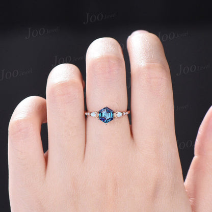 1ct Hexagon Cut Color-Change Alexandrite Ring Vintage Opal Ring Rose Gold Unique Moon Engagement Ring Women Gemstone Anniversary Ring Gift