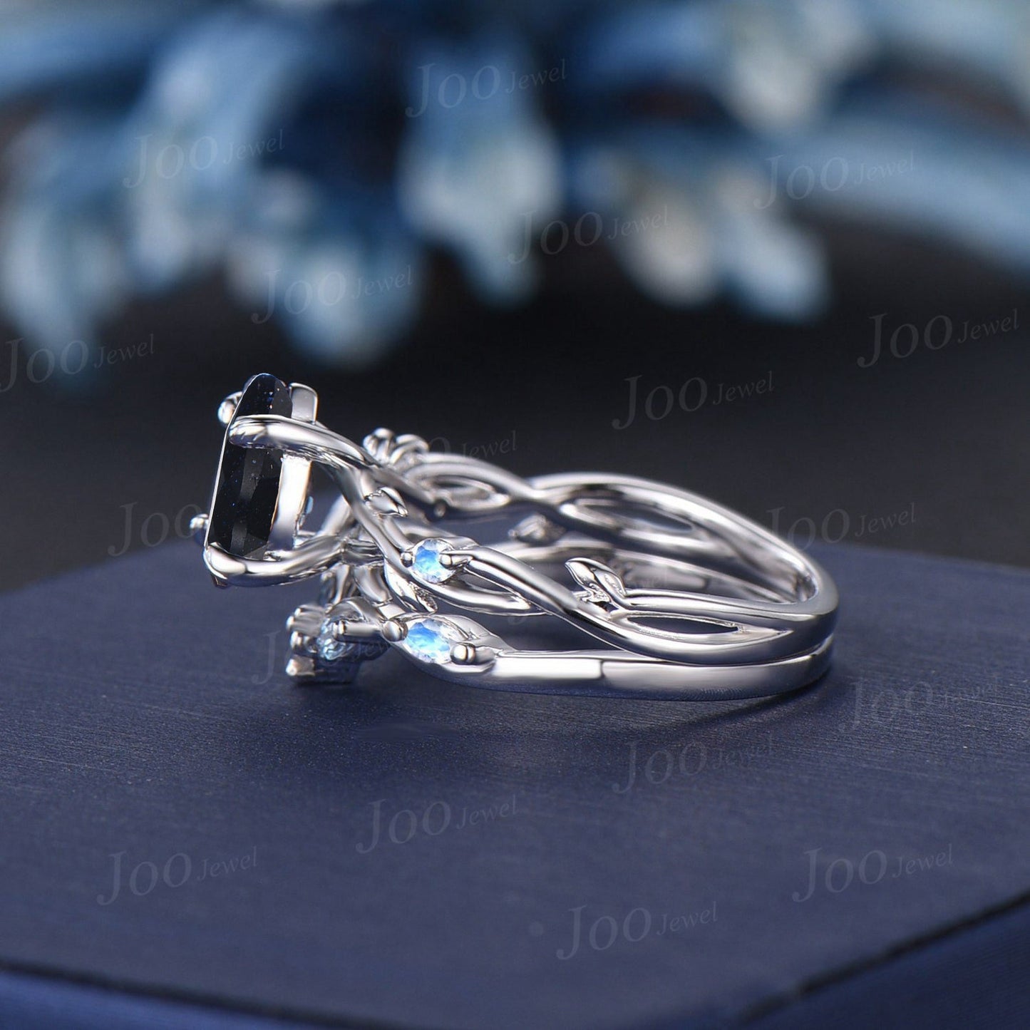 1.25ct Nature Inspired Pear Galaxy Blue Sandstone Moonstone Bridal Set Unique Twig Vine Teardrop Blue Goldstone Alexandrite Wedding Ring