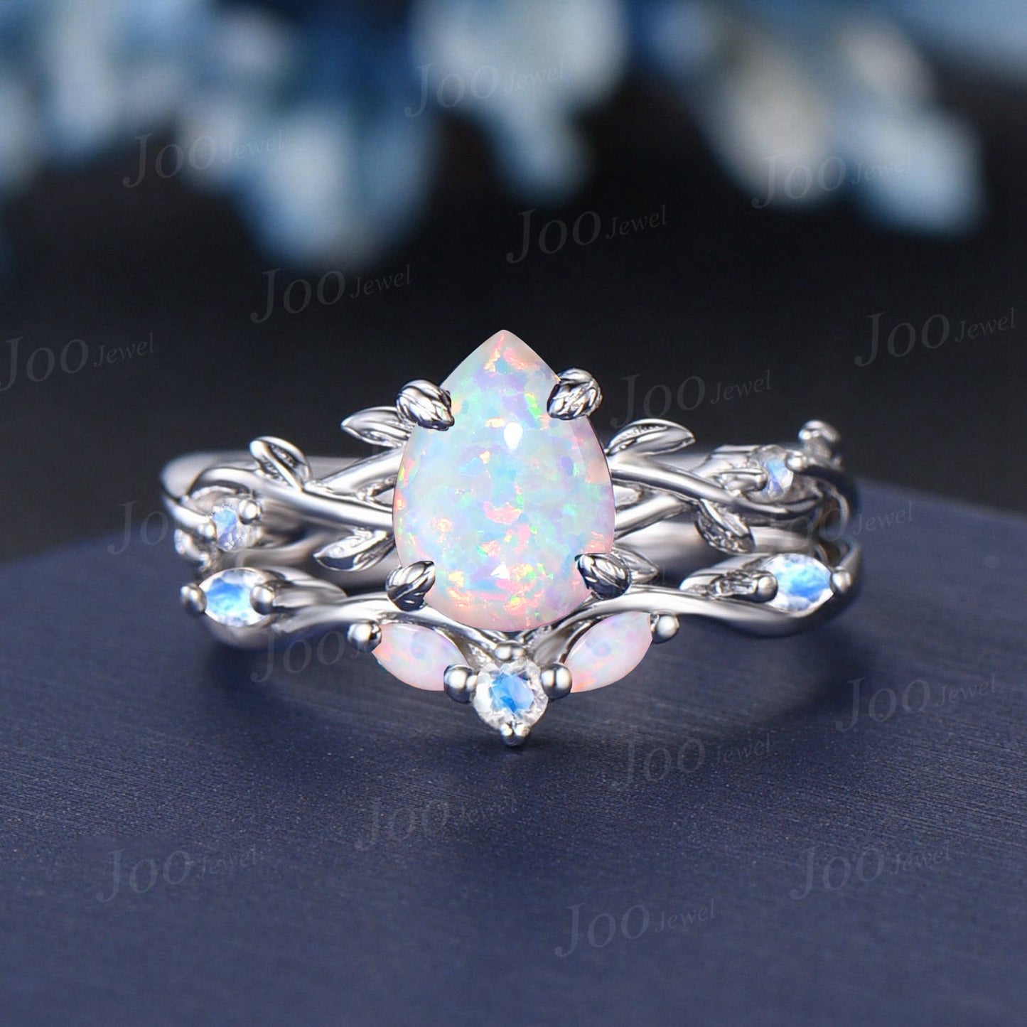 1.25ct Nature Inspired Pear Shaped White Opal Moonstone Bridal Set Unique 14k White Gold Twig Vine Teardrop Fire Opal Wedding Proposal Ring