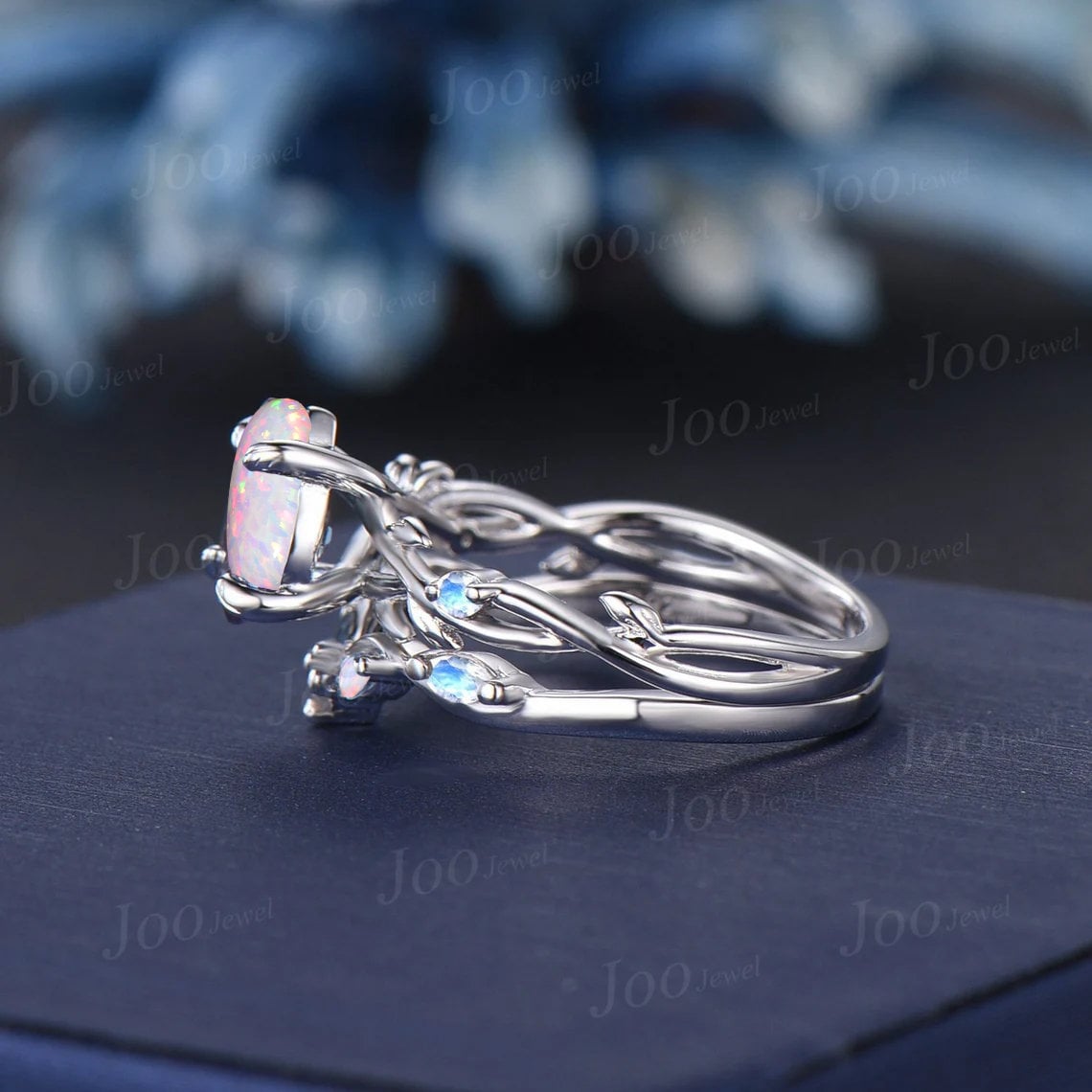 1.25ct Nature Inspired Pear Shaped White Opal Moonstone Bridal Set Unique 14k White Gold Twig Vine Teardrop Fire Opal Wedding Proposal Ring