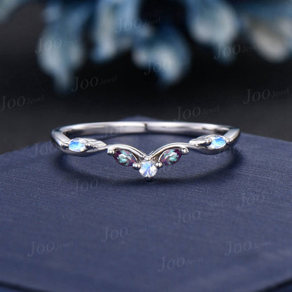 Marquise Natural Moonstone Contour Wedding Band 10K White Gold Alexandrite Nesting Band Unique Vintage Stacking Matching Bridal Gift Women