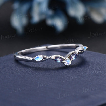 Marquise Natural Moonstone Contour Wedding Band 10K White Gold Alexandrite Nesting Band Unique Vintage Stacking Matching Bridal Gift Women