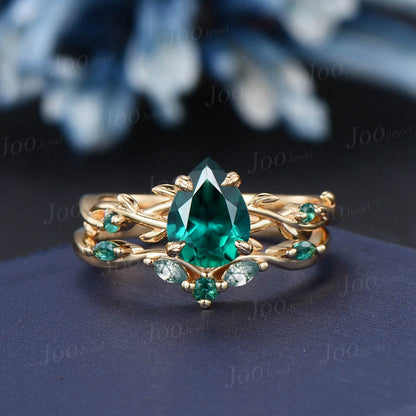 Nature Inspired Pear Shaped Green Emerald Engagement Ring Set 1.25ct Twig Branch Vine Emerald Moss Agate Wedding Band Teardrop Emerald Ring
