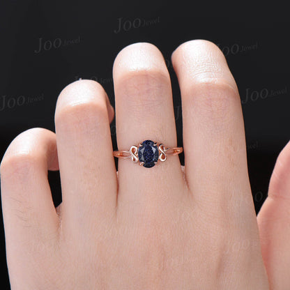 Galaxy Blue Sandstone Infinity Twist Wedding Ring 1.5ct Oval Cut Blue Goldstone Infinity Engagement Ring Handmade Proposal Gifts for Women