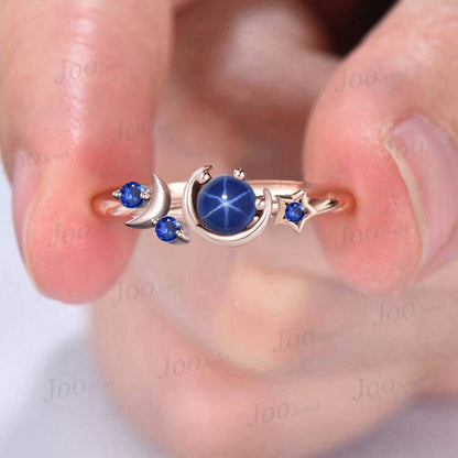 Star Blue Sapphire Engagement Ring Unique 5mm Round Star Blue Wedding Rings Rose Gold Celestial Moon Blue Sapphire Ring Unique Promise Gifts