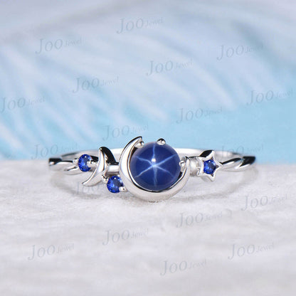 Star Blue Sapphire Engagement Ring Unique 5mm Round Star Blue Wedding Rings Rose Gold Celestial Moon Blue Sapphire Ring Unique Promise Gifts