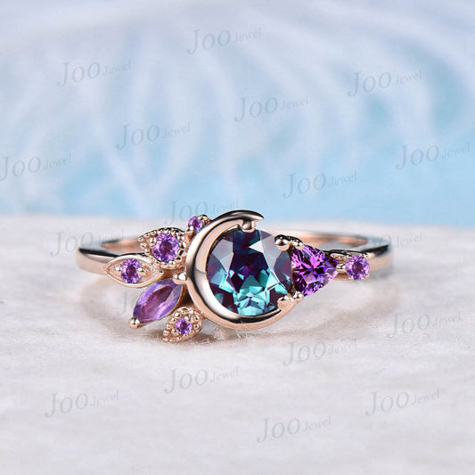 Unique 5mm Round Color-Change Alexandrite Ring 10K Rose Gold Celestial Moon Alexandrite Engagement Ring Cluster Purple Amethyst Promise Ring