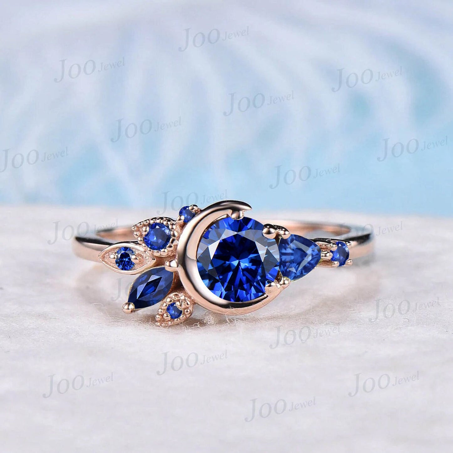 Round Blue Sapphire Engagement Ring 10K Rose Gold Celestial Moon Wedding Ring Cluster Blue Sapphire Promise Ring September Birthstone Gifts
