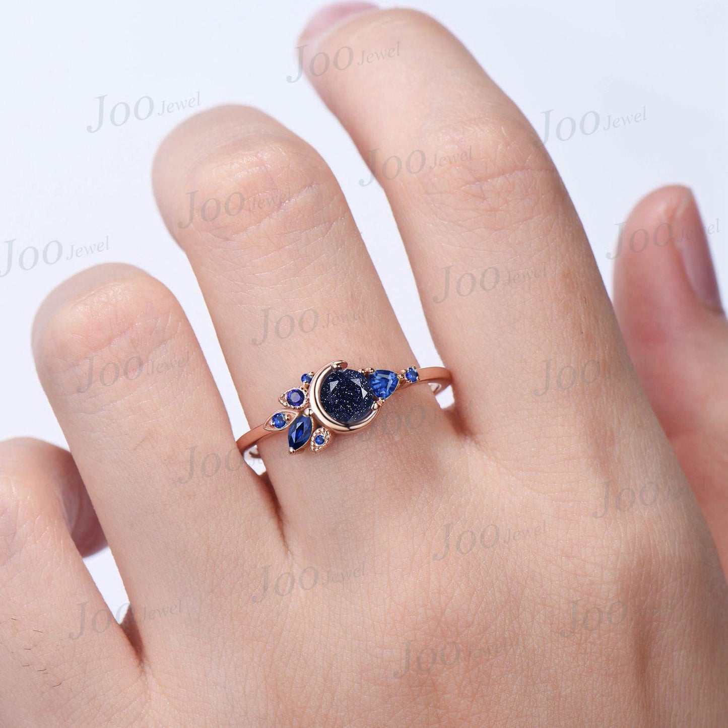 Round Galaxy Blue Goldstone Engagement Ring 10K Rose Gold Celestial Moon Wedding Ring Cluster Blue Sapphire Ring September Birthstone Gifts