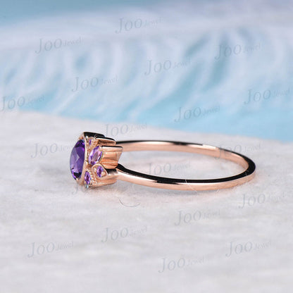 Round Natural Amethyst Engagement Ring Rose Gold Celestial Moon Wedding Ring Cluster Crystal Purple Amethyst Ring February Birthstone Gifts
