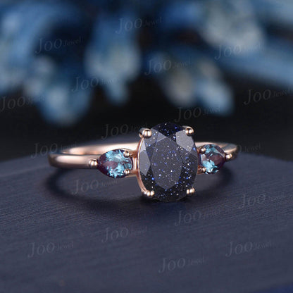 Oval Galaxy Blue Sandstone Alexandrite Ring Rose Gold Three Stone Engagement Ring Vintage Wedding Bridal Promise Anniversary Gift For Women