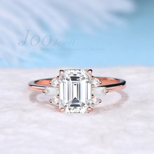 2ct Emerald Cut Moissanite Ring Cluster Moissanite Engagement Ring, Art Deco Vintage 14K Rose Gold Baguette Moissanite Wedding Promise Rings