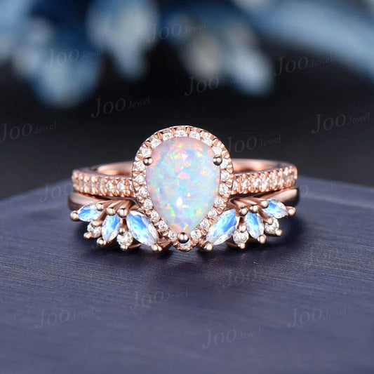 Teardrop Cut White Opal Moonstone Bridal Set 10K Rose Gold Open Band Vintage Halo Moissanite Engagement Ring Half Eternity Opal Promise Ring