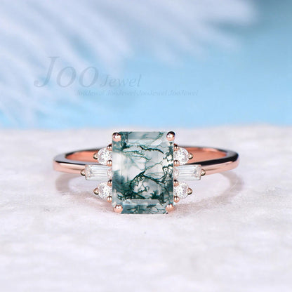 2ct Emerald Cut Natural Green Moss Agate Engagement Rings Platinum Ring Cluster Aquatic Agate Promise Ring Baguette Moissanite Wedding Ring