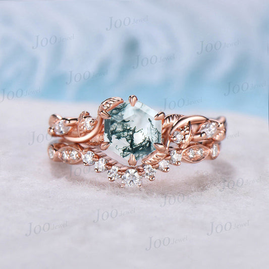 1ct Hexagon Natural Moss Agate Bridal Set 14K Rose Gold Nature Inspired Moss Agate Engagement Ring Set Moissanite Wedding Ring Propose Gift