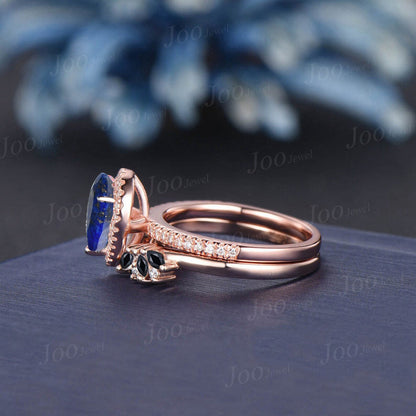 1.25ct Teardrop Cut Natural Lapis Lazuli & Black Onyx Ring Set Cluster Open Band Halo Moissanite Ring Half Eternity Lapis Gold Promise Rings