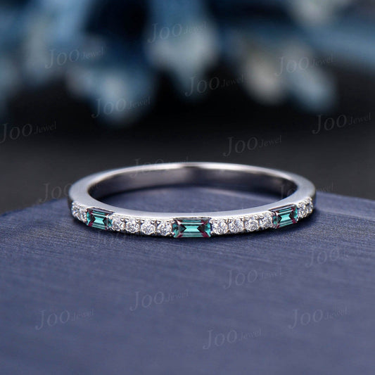 Baguette Cut Alexandrite Band Minimalist Rectangle Alexandrite Diamond Half Eternity Ring Dainty Stacking Band June Birthstone Birthday Gift