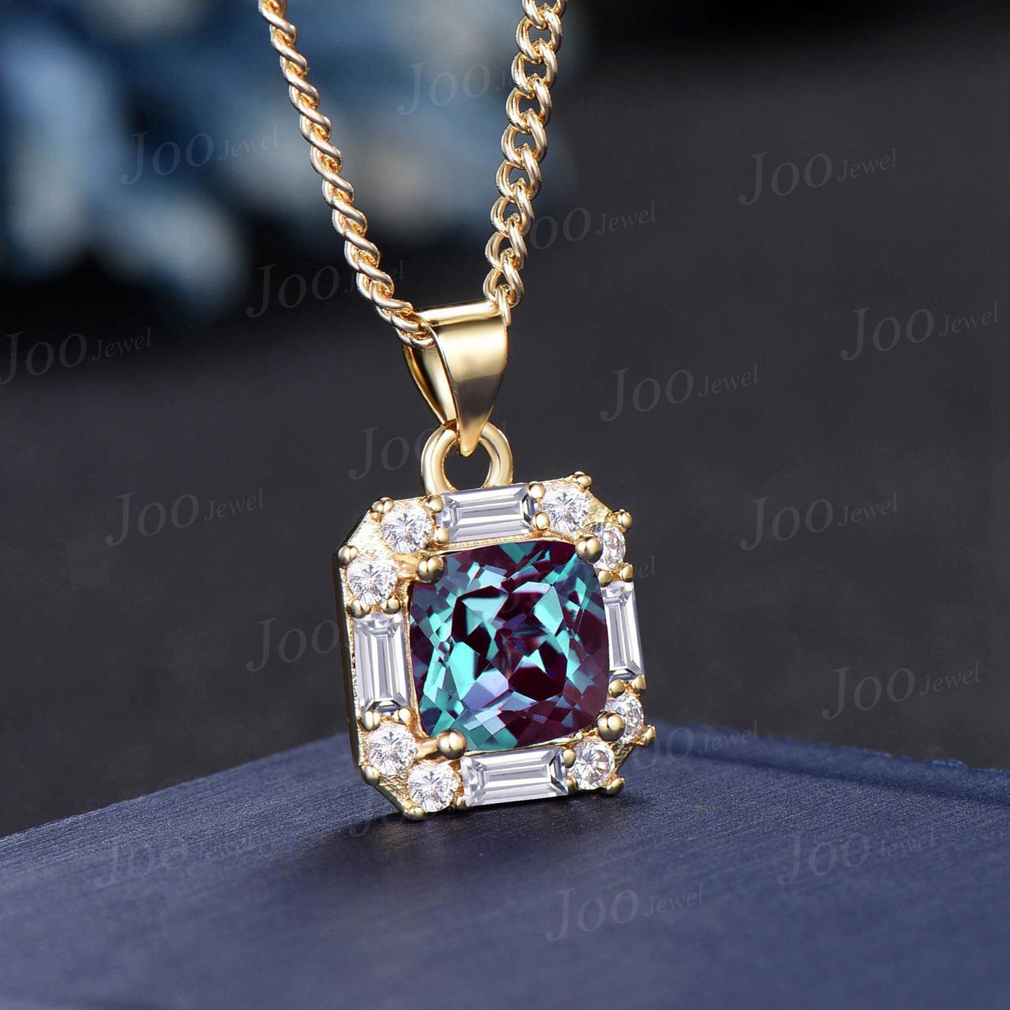 Cushion Cut Alexandrite Pendant Necklace Women Solid 14K/18K Gold Color-Change Gemstone Pendant June Birthstone Birthday/Anniversary Gifts