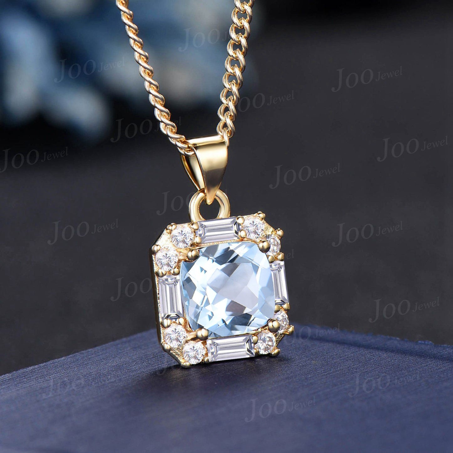 8mm Cushion Cut Natural Aquamarine Moissanite Pendant Necklace Women Solid 14K/18K Gold Blue Gemstone Pendant March Birthstone Birthday Gift