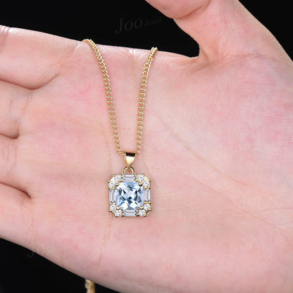 8mm Cushion Cut Natural Aquamarine Moissanite Pendant Necklace Women Solid 14K/18K Gold Blue Gemstone Pendant March Birthstone Birthday Gift