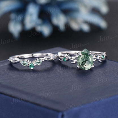 1.25ct Nature Inspired Twig Pear Moss Agate Engagement Ring Branch Vine Marquise Moonstone Green Emerald Wedding Ring Moss Agate Bridal Set