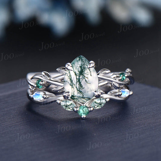 1.25ct Nature Inspired Twig Pear Moss Agate Engagement Ring Branch Vine Marquise Moonstone Green Emerald Wedding Ring Moss Agate Bridal Set