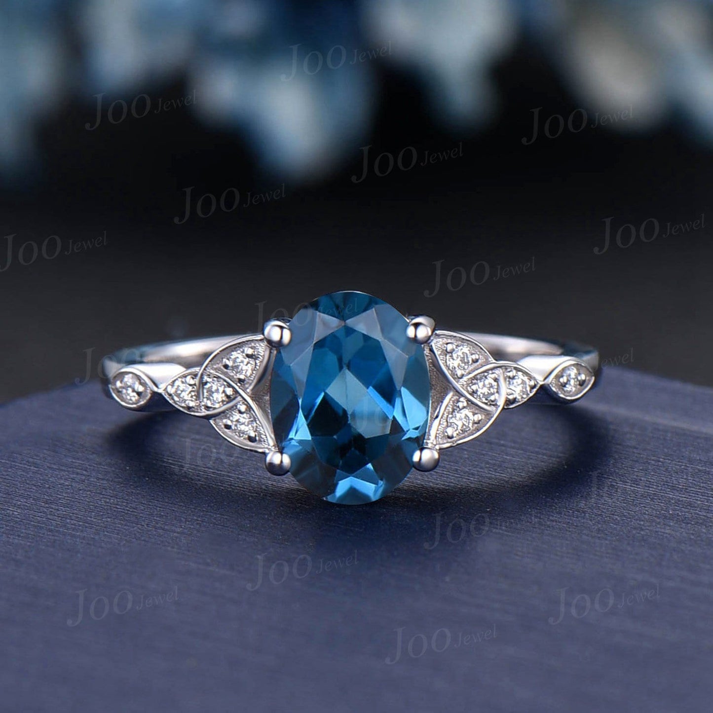 December Birthstone Engagement Ring 1.5ct Oval London Blue Topaz Celtic Engagement Ring Trinity Knot Wedding Ring Moissanite Irish Jewelry