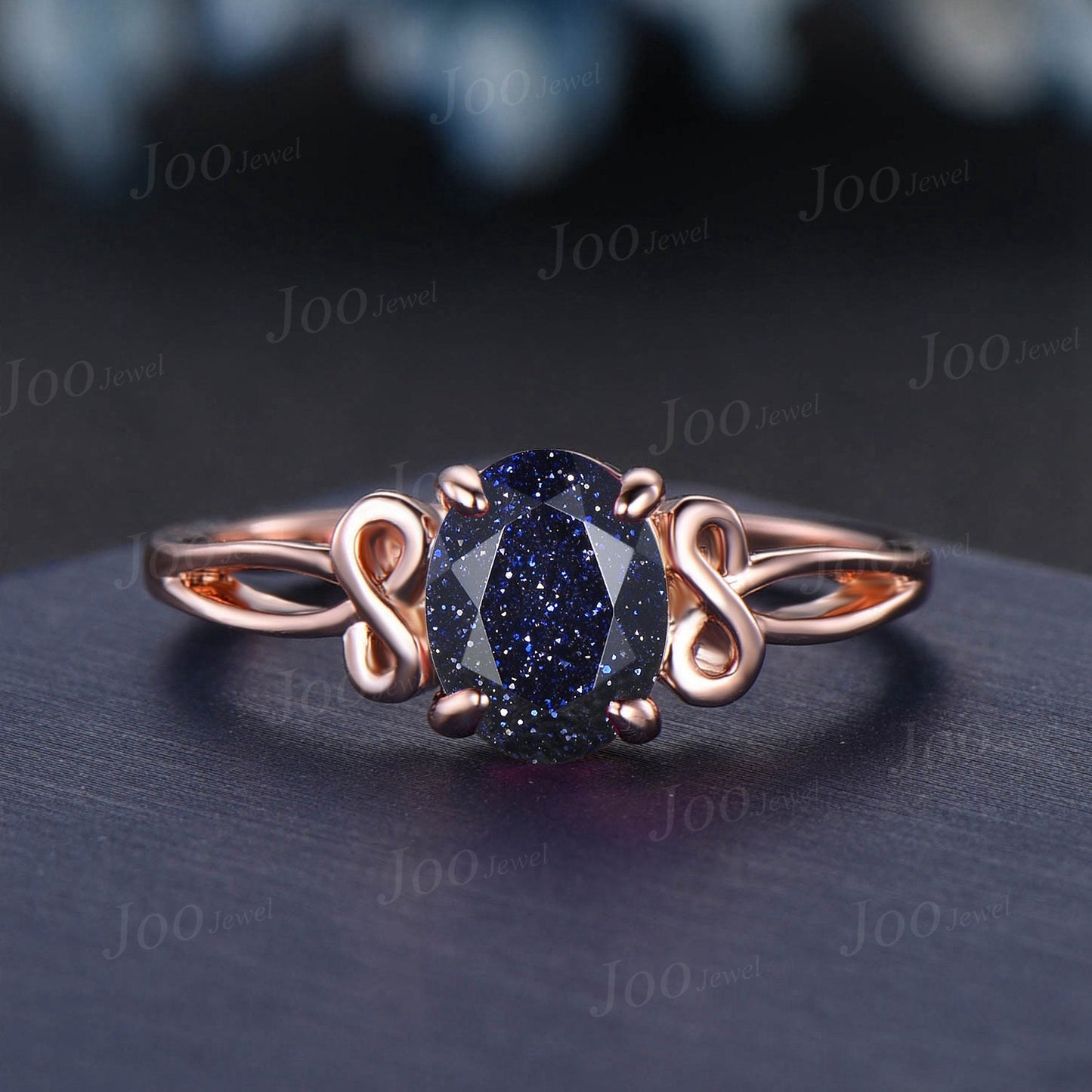 Galaxy Blue Sandstone Infinity Twist Wedding Ring 1.5ct Oval Cut Blue Goldstone Infinity Engagement Ring Handmade Proposal Gifts for Women