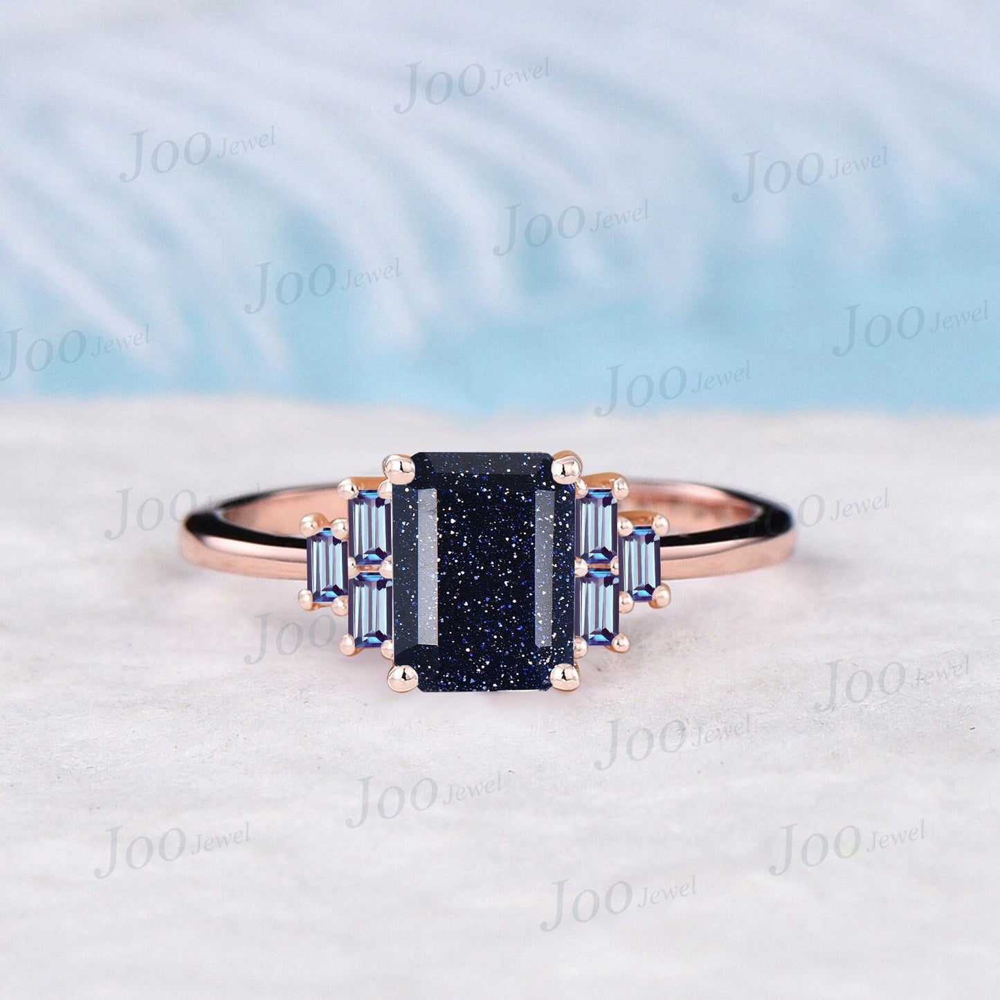 2ct Emerald Cut Galaxy Blue Sandstone Ring Rose Gold Gemstone Jewelry Vintage Cluster Baguette Alexandrite Ring Personalized Gift for Women
