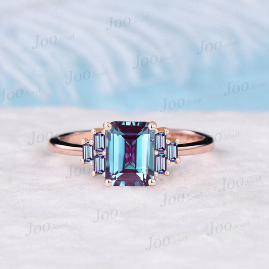 2ct Emerald Cut Color-Change Alexandrite Ring Rose Gold Vintage Cluster Baguette Alexandrite Ring Handmade June Birthstone Gifts for Women