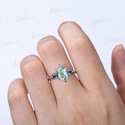 Elongated Hexagon Cut Natural Moss Agate Engagement Ring Unique Green Gemstone Ring Pear Alexandrite Wedding Ring Three Stone Ring for Women