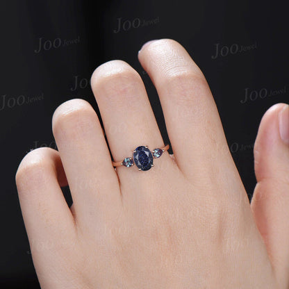 Oval Galaxy Blue Sandstone Alexandrite Ring Rose Gold Three Stone Engagement Ring Vintage Wedding Bridal Promise Anniversary Gift For Women