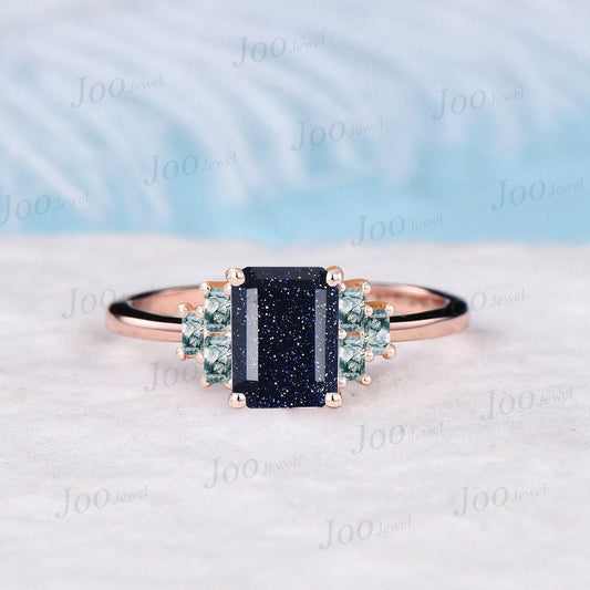 2ct Emerald Cut Galaxy Blue Sandstone Ring 10K Rose Gold Baguette Cut Natural Moss Agate Ring Vintage Cluster Wedding Ring Personalized Gift