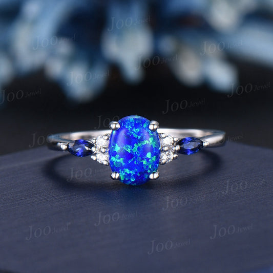 1.5ct Oval Blue Opal Engagement Ring Vintage Sterling Silver Blue Sapphire Wedding Ring Unique Anniversary Gift Moissanite Promise Rings