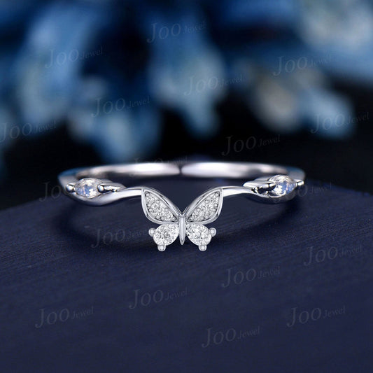 Marquise Cut Natural Moonstone Contour Wedding Band 10K White Gold Butterfly Nesting Band Unique Vintage Stacking Matching Bridal Gift Women