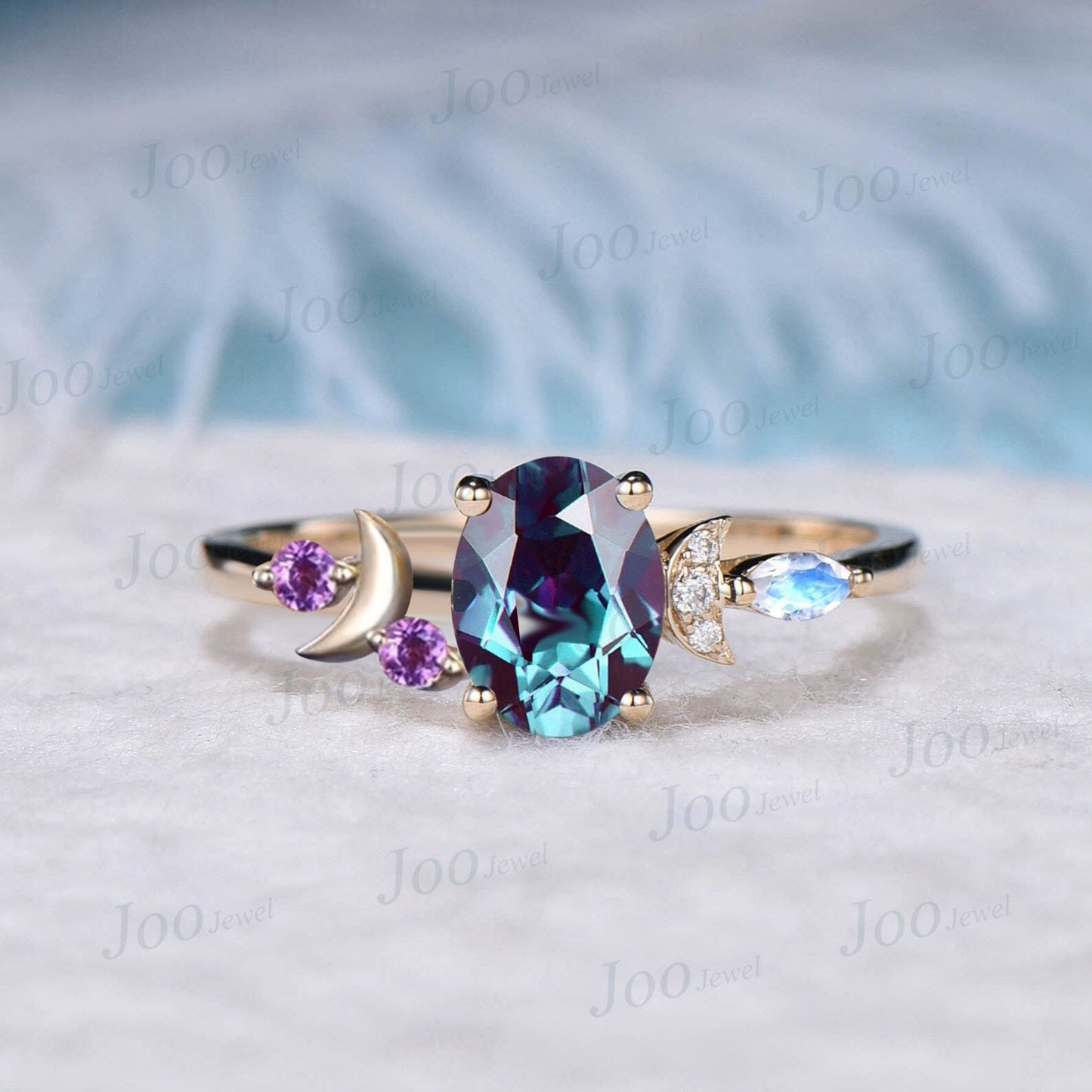 1.5ct Oval Color-Change Alexandrite Promise Ring Celestial Moon Wedding Ring Vintage Amethyst Moonstone Bridal Ring June Birthstone Gifts