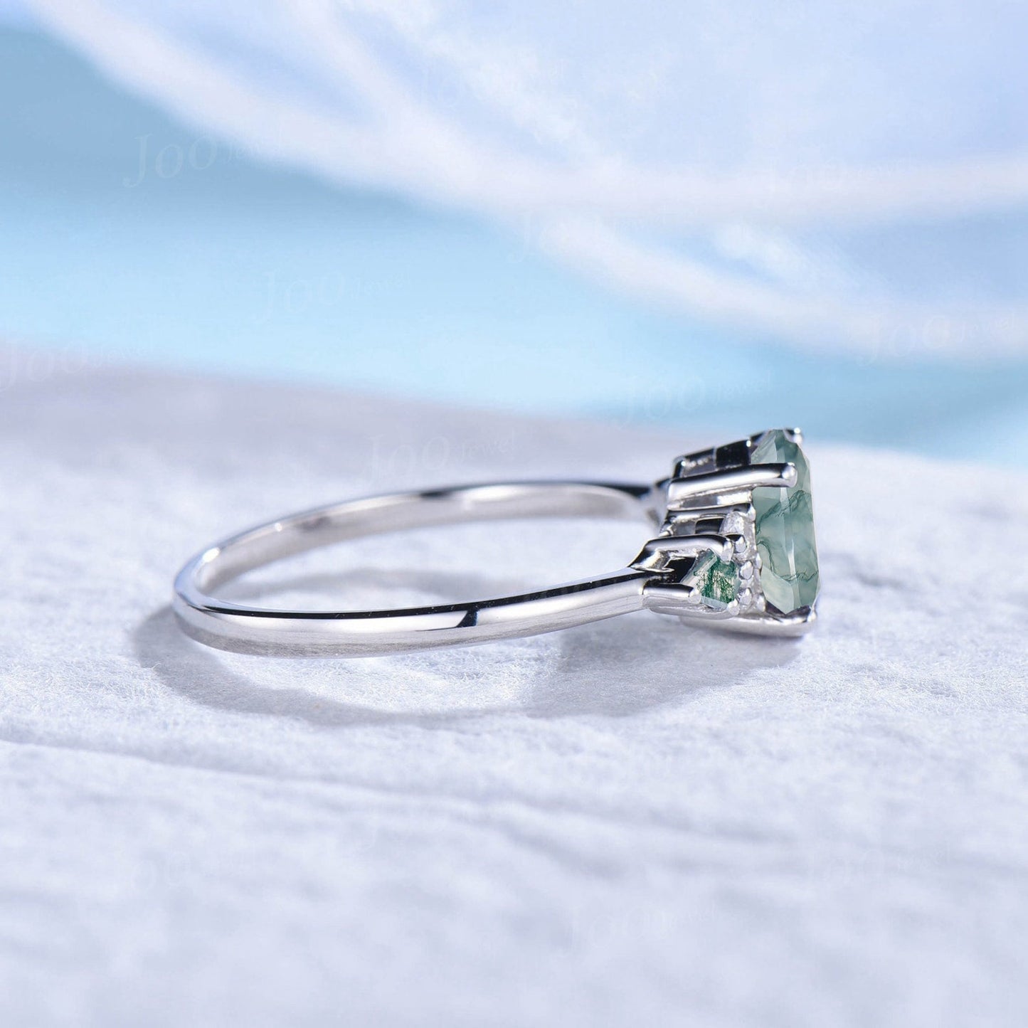 1.5ct Oval Natural Moss Agate Engagement Rings Sterling Silver Cluster Kite Aquatic Agate Promise Ring Moissanite Wedding Ring Unique Gifts