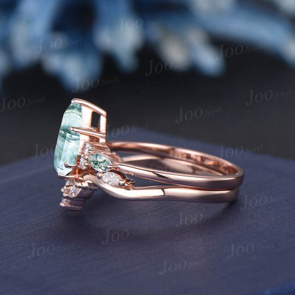 Kite Natural Green Moss Agate Ring Set Rose Gold Unique Engagement Ring Women Dainty Moissanite Bridal Ring Personalized Anniversary Gifts