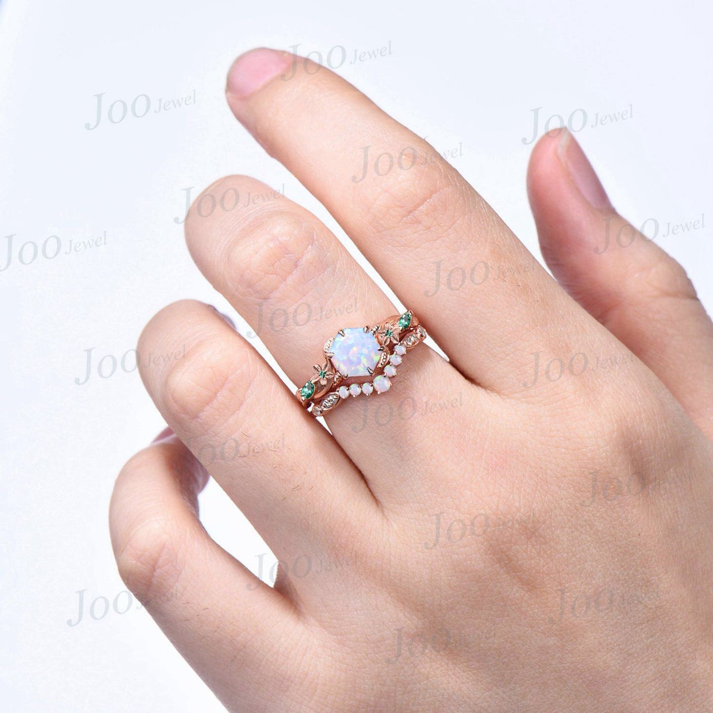 Nature Inspired Flower Opal Ring Set 10K Rose Gold Hexagon Opal Branch Engagement Ring Green Emerald Wedding Ring October Birthstone Gifts