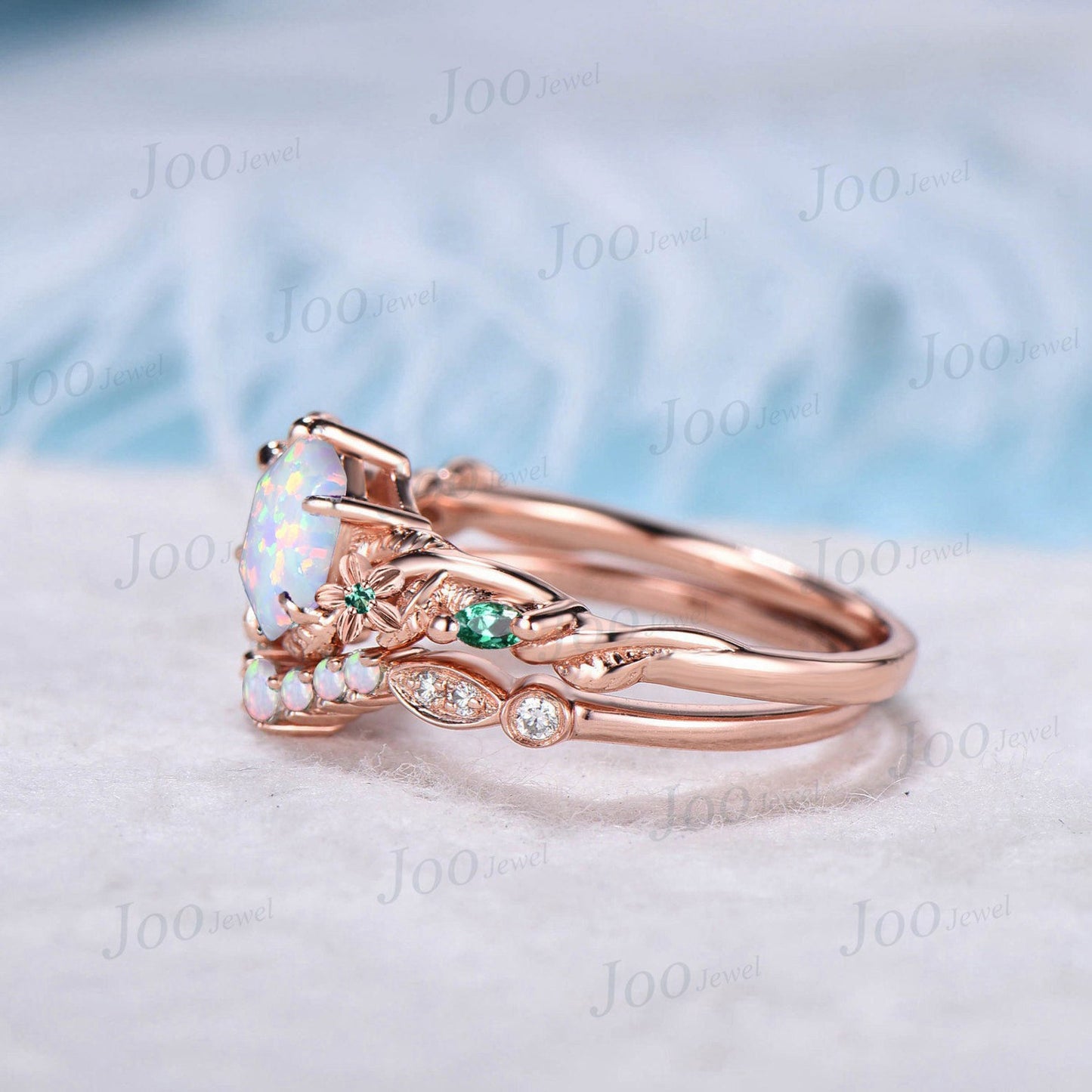 Nature Inspired Flower Opal Ring Set 10K Rose Gold Hexagon Opal Branch Engagement Ring Green Emerald Wedding Ring October Birthstone Gifts