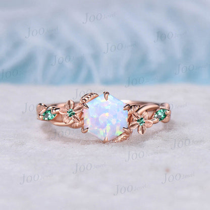 Nature Inspired Flower Opal Ring Set 10K Rose Gold Hexagon Opal Branch Engagement Ring Green Emerald Wedding Ring October Birthstone Gifts