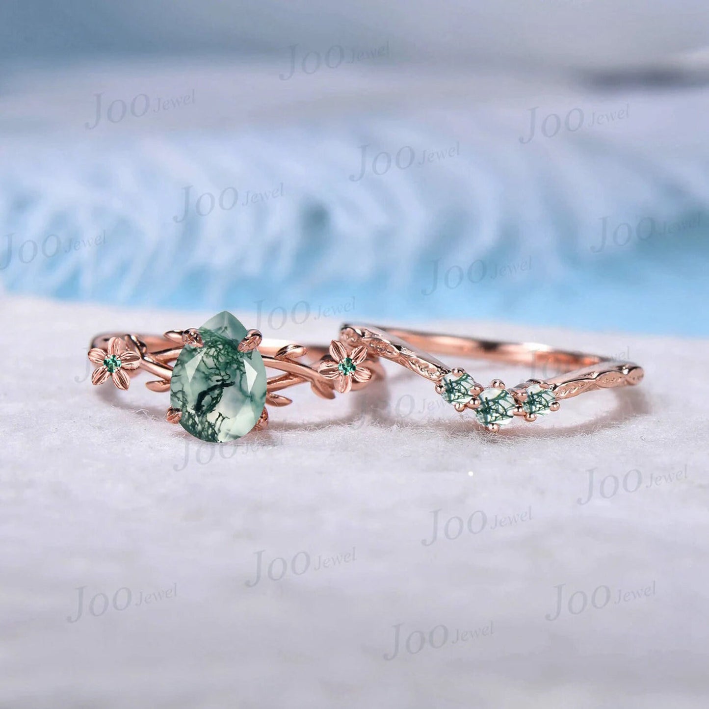 1.25ct Nature Inspired Flower Moss Agate Ring Twig Engagement Ring Set Green Emerald Branch Vine Floral Wedding Ring Moss Agate Bridal Sets